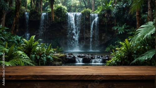 Empty wooden table top product display showcase stage. Tropical jungle and waterfall background.