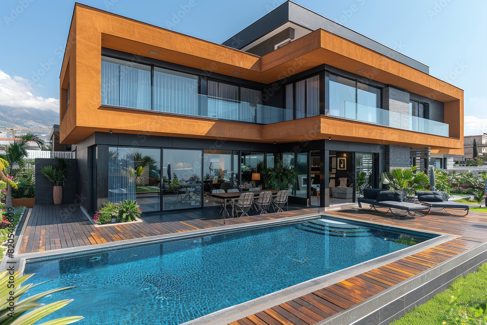 Exterior of a modern orange house with totally glass walls, beautfiul garden and large pool outside. Created with Ai