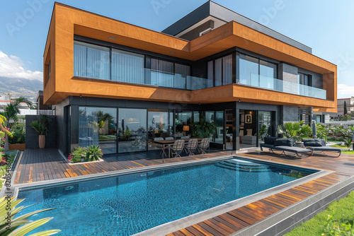 Exterior of a modern orange house with totally glass walls, beautfiul garden and large pool outside. Created with Ai photo