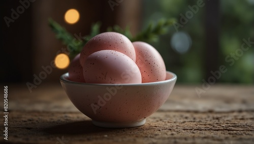 Free range farm pink bowl of organic white leghorn egg. photo