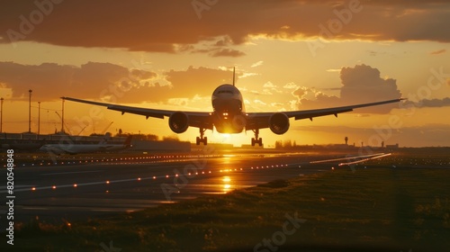 Airplane taking off from an airport runway at sunset or dawn