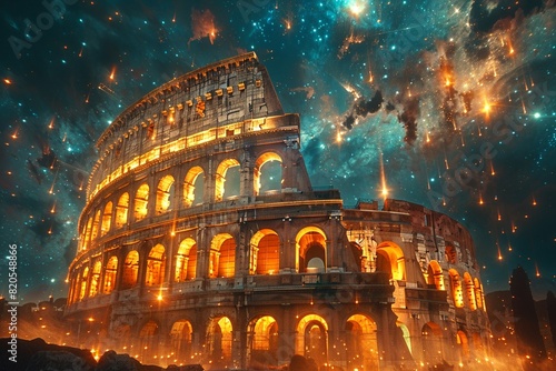 The Colosseum transformed into a gateway to an otherworldly dimension, surrounded by floating rockets and shimmering lights