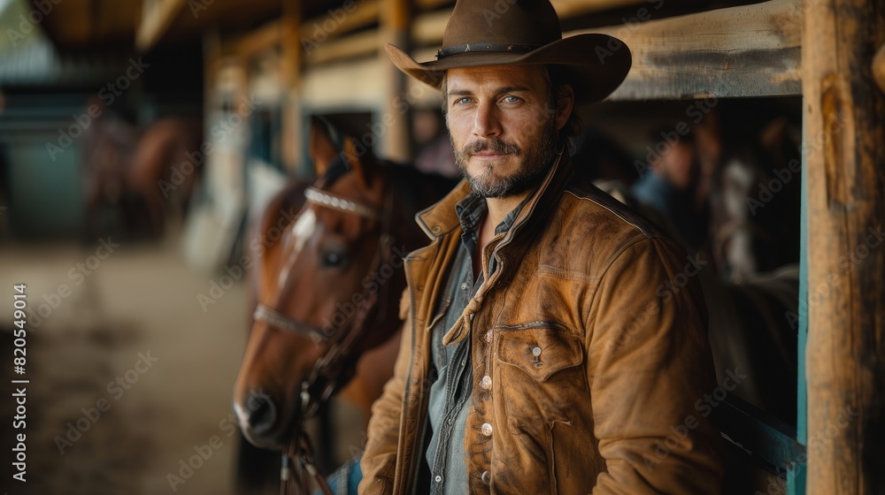 Attractive rancher guy in horse stall at his ranch and taking care of horses Attractive rancher guy in horse stall at his ranch and taking care of horses