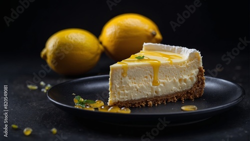 Lemon cheesecake on a dark background. Selective focus. generated. for menu Generative.