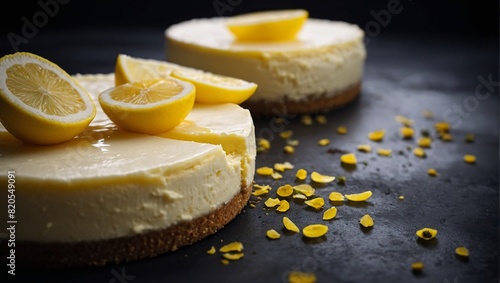 Lemon cheesecake on a dark background. Selective focus. generated. for menu Generative.