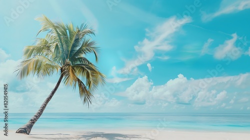 Panorama banner photo of idyllic tropical beach with palm tree : Generative AI © The Little Hut