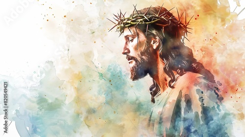 Watercolor Jesus Christ wearing crown of thorns with copy space area for text