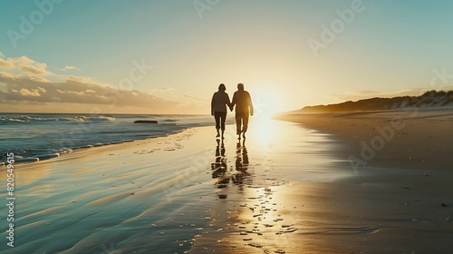Happy senior man and woman old retired couple walking and holding hands on a beach at sunset s3niorlife : Generative AI