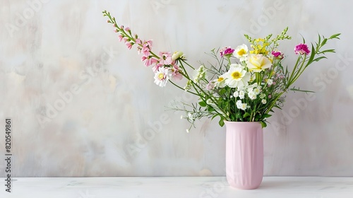 Beautiful cottage style flower arrangement in a pink vase on a white table Flower bunch include Rose Snapdragon Ranunculus Daisys Sweet William Chrysanthemum and lush green foliage   Generative AI