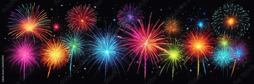 rainbow colored bright celebration fireworks on plain black sky background from Generative AI