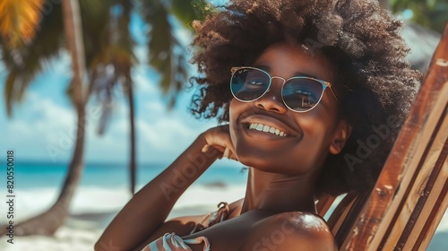 Portrait of happy young black woman relaxing on wooden deck chair at tropical beach while looking at camera wearing spectacles Smiling african american girl with fashion sunglasses enj : Generative AI