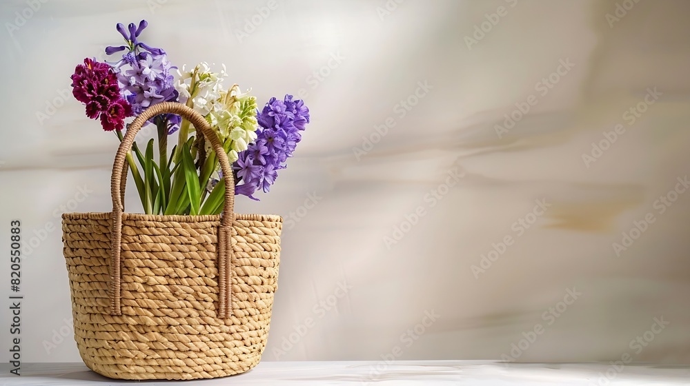 Beautiful straw bag with seasonal flowers of hyacinth and carnation blossom : Generative AI