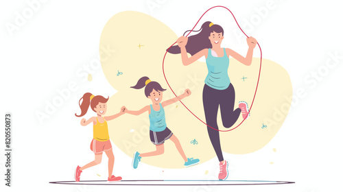 Mom and daughter jumping skipping ropes during fitnes