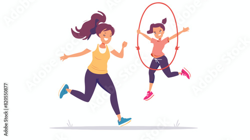 Mom and daughter jumping skipping ropes during fitnes