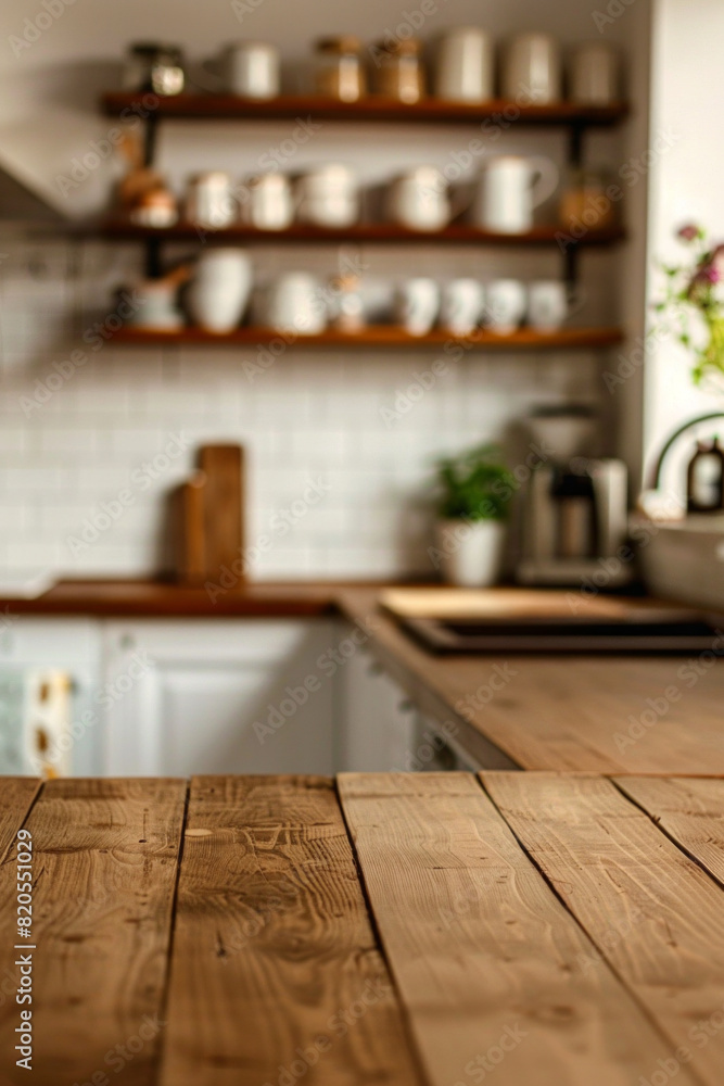 A desk top with blurred background of kitchen. Good for background