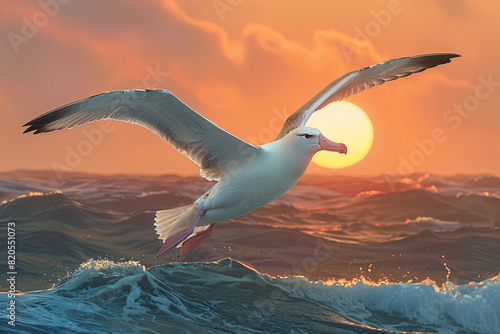 a beautiful view of sea bird albatross in flight open wings over the sea with sunset in background © Izhar