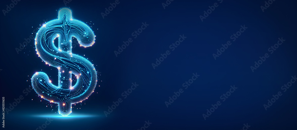 Obraz premium Abstract dollar coin icon or symbol on blue background with mockup place, Mobile banking and market concept. Business, finance and online banking concept. copy space