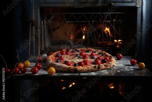pizza on rack in brick oven featuring cherries,