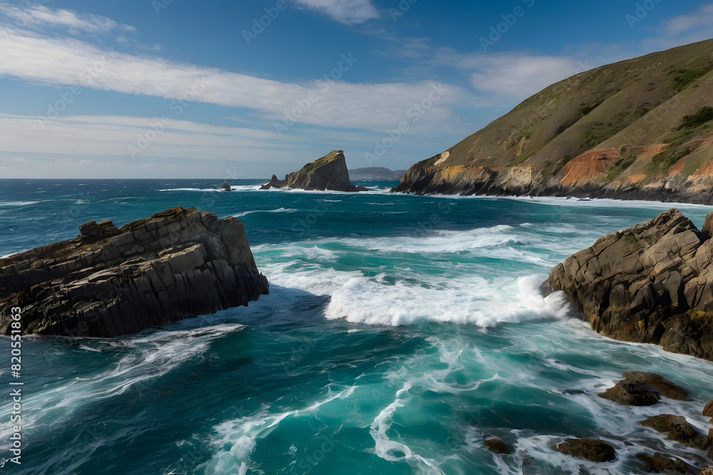 A landscape of an ocean and rocky coastline