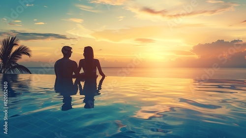 couple on the beach at sunset honeymoon travel man and woman sitting near swimming pool in hotel resort   Generative AI