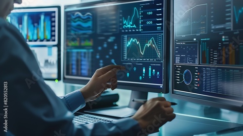 An analyst uses a computer and dashboard for data business analysis and Data Management System with KPI and metrics connected to the database for technology finance operations sales ma : Generative AI