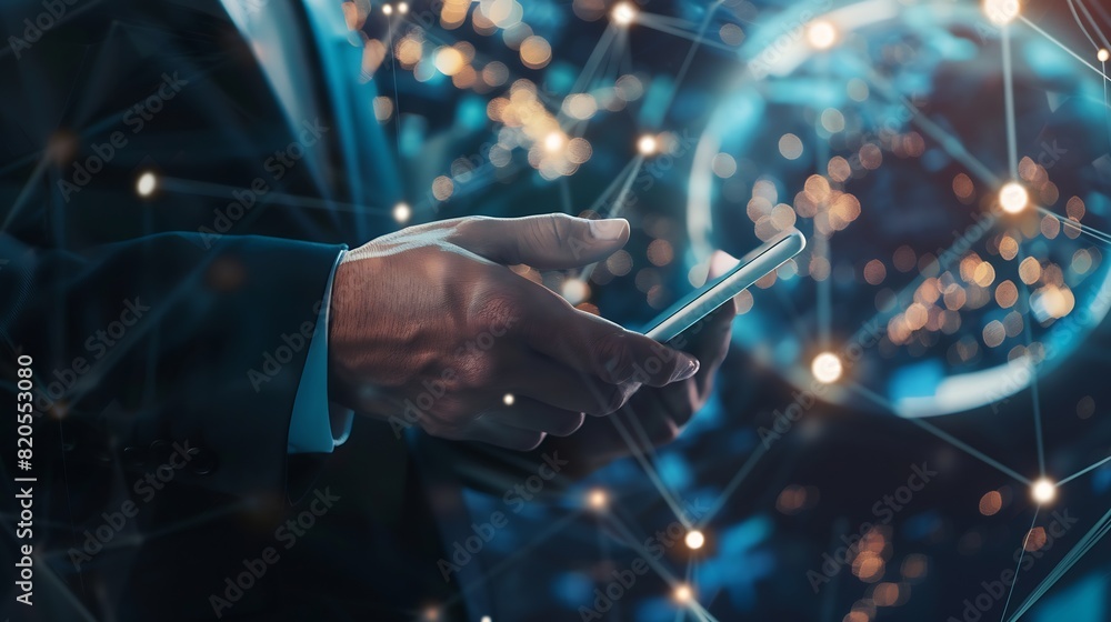 Businessman using mobile smartphone on global network connection on investor and customer with sale data exchange and development of business Technology and digital marketing Financial : Generative AI Businessman using mobile smartphone on global network connection on investor and customer with sale data exchange and development of business Technology and digital marketing Financial : Generative AI