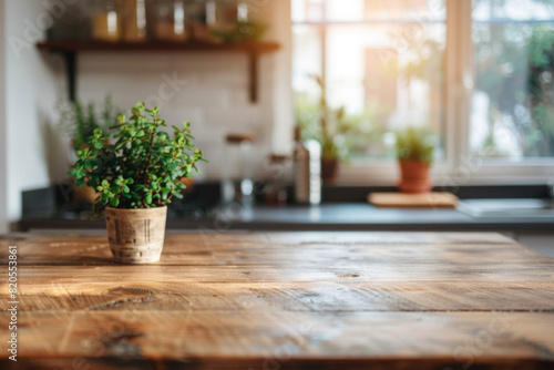 A desk top with blurred background of kitchen. Good for background