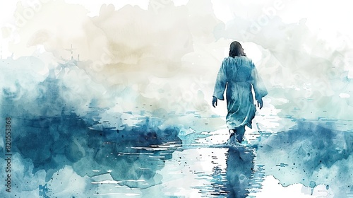 Jesus Christ walking on the water. In the style of watercolor art