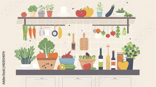 The image shows a variety of fresh vegetables and fruits on a kitchen shelf. There are also some cooking ingredients and utensils. The image is colorful and has a cartoonish style. © DigiMingle 