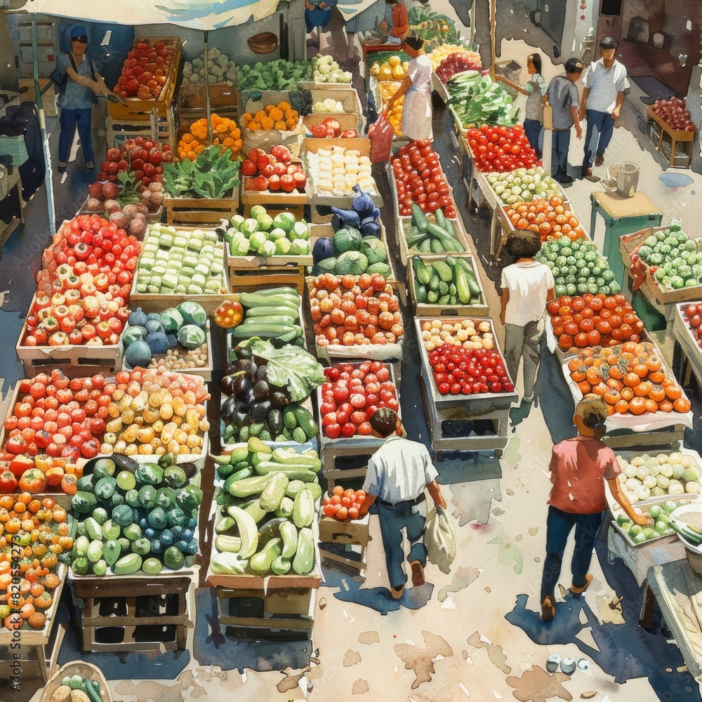 The vibrant colors of a bustling produce market