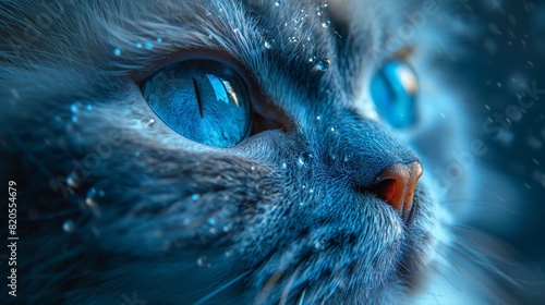 A blue aura casting a mesmerizing glow over a paradise frequented by mystical cats photo