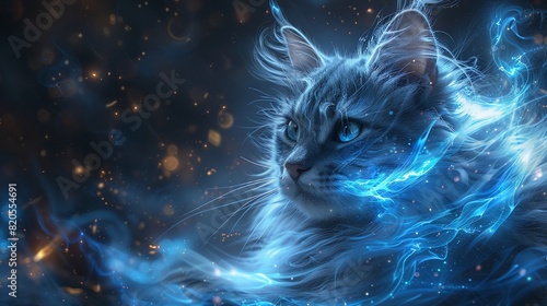 A blue aura casting a mesmerizing glow over a paradise frequented by mystical cats photo