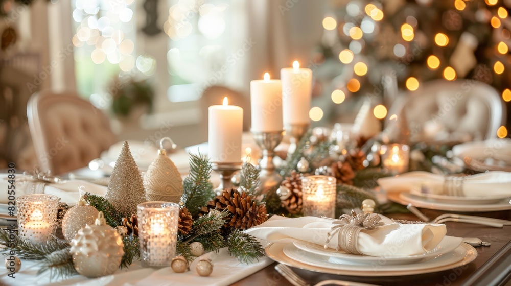 Detailed view of beautifully set christmas table with festive decorations and elegant touches