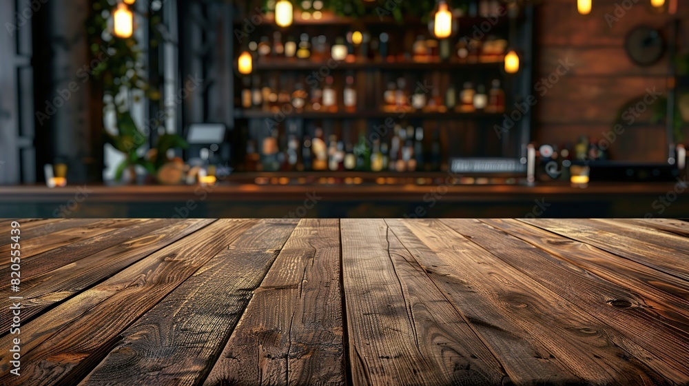 Wooden desk of bar and free space for your decoration. luxury bar. copy space for text.