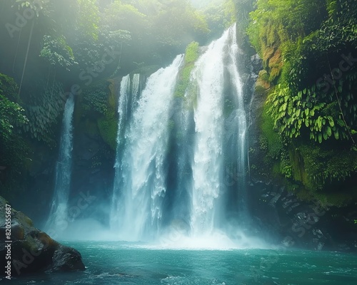 Green rainforest waterfall  cascading water  bright day  high definition  eye level shots.