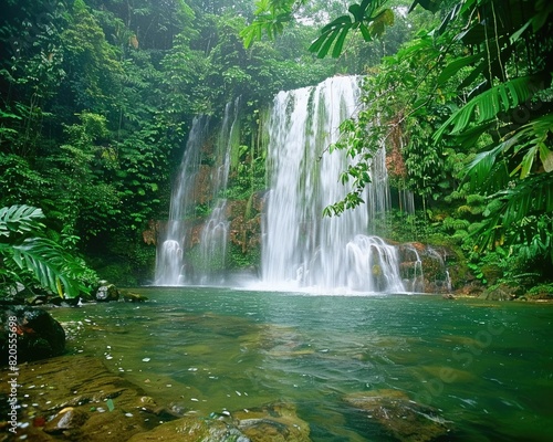 Green rainforest waterfall  cascading water  bright day  high definition  eye level shots.