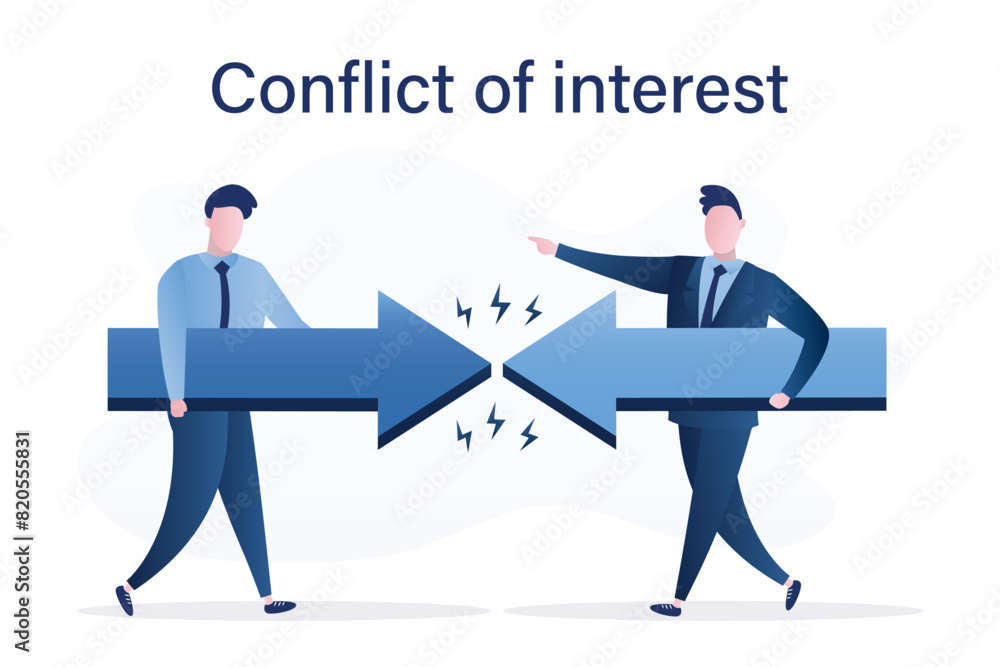 Conflict of interest, business concept. Two businessmen keep giant arrows against each other. Rivalry metaphor. Confrontation, different opinion. Competitiveness symbol Conflict of interest, business concept. Two businessmen keep giant arrows against each other. Rivalry metaphor. Confrontation, different opinion. Competitiveness symbol