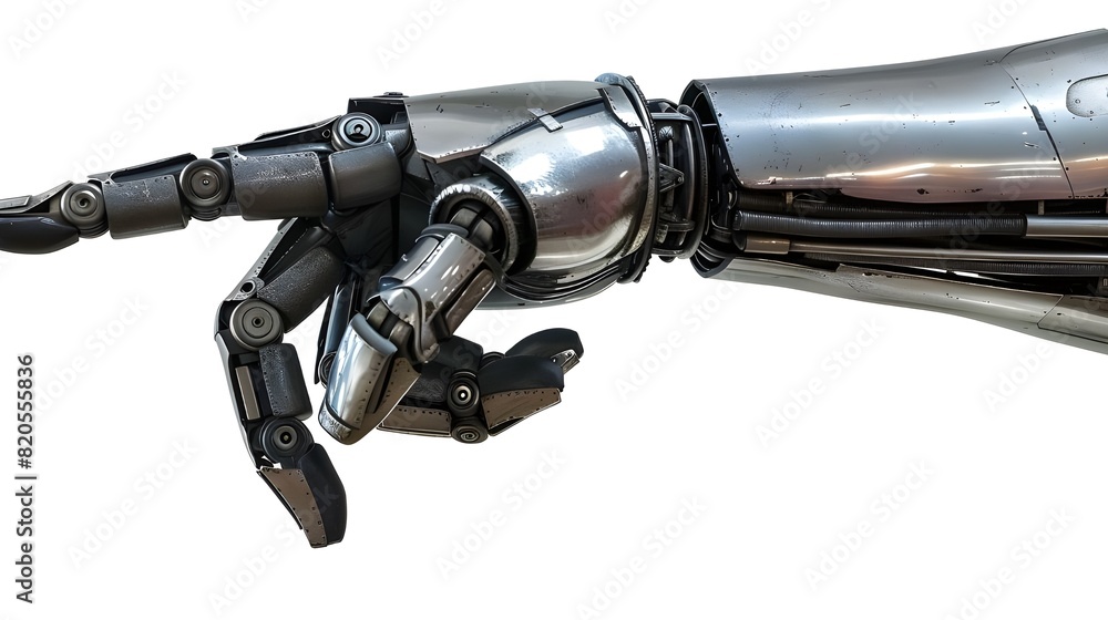 Isolated against a white backdrop, a robot hand gestures with its index finger. 