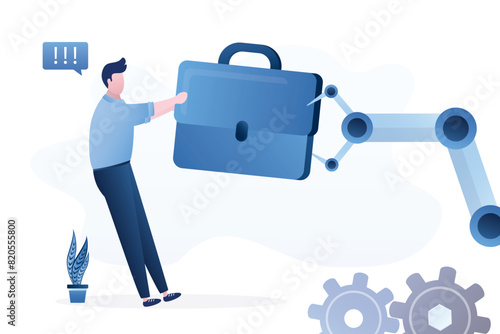 Unemployment problem. Hiring, recruitment process. Robot and businessman share an employee briefcase, business conflict. New innovative technology replace humans.