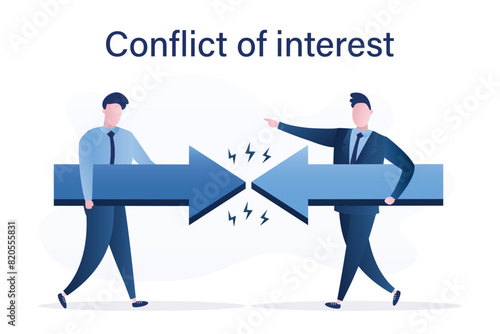 Conflict of interest, business concept. Two businessmen keep giant arrows against each other. Rivalry metaphor. Confrontation, different opinion. Competitiveness symbol