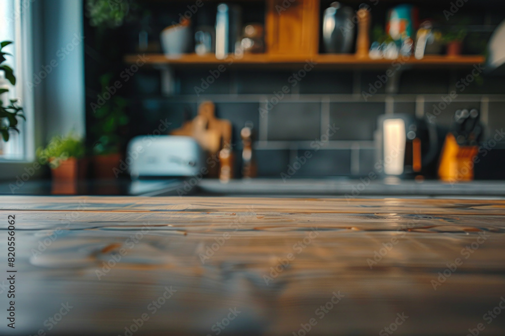 A desk top with blurred background of kitchen. Good for background A desk top with blurred background of kitchen. Good for background
