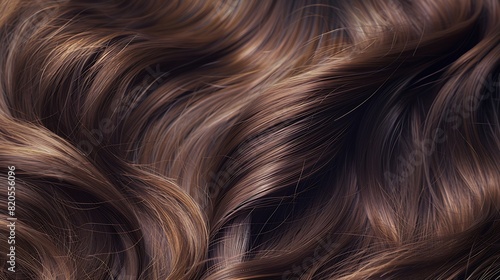 Brown hair closeup as a background Womens long brown hair Beautifully styled wavy shiny curls Hair coloring Hairdressing procedures extension : Generative AI