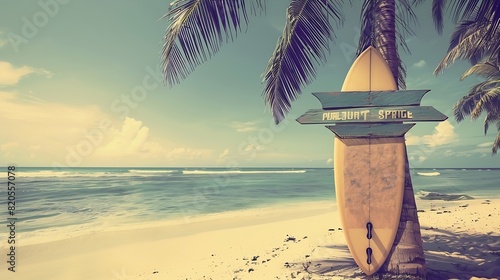 Surfboard and palm tree on beach with beach sign for surfing area Travel adventure and water sport relaxation and summer vacation concept vintage color tone image : Generative AI