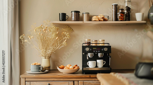 Table with modern coffee machine cups and snacks near