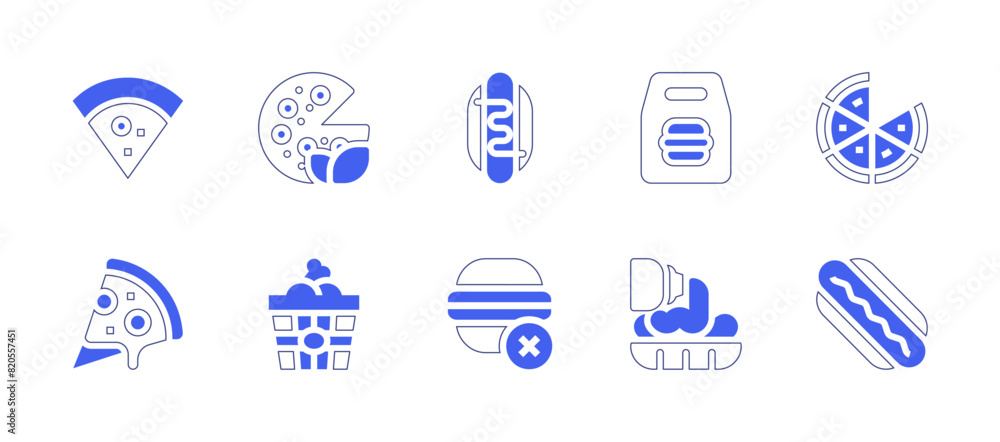 Fast food icon set. Duotone style line stroke and bold. Vector illustration. Containing burger, fast food, no burger, pizza slice, hotdog, pizza, hot dog, chicken bucket.