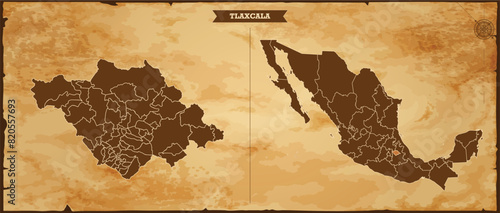 Tlaxcala state map, Mexico map with federal states in A vintage map based background, Political Mexico Map photo