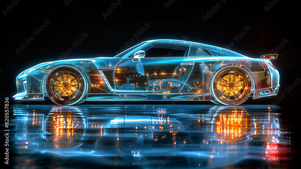 Blue hologram ordinary car, car structure, side view, black background,generative ai