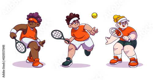 Tennis sport player character court illustration. Man and girl athlete play and hit ball with racket. Professional match or competition with training uniform. Student footwork game posture design