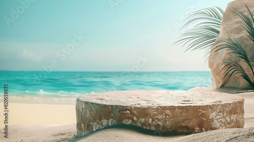 Summer sand and tropical sea background with abstract stone podium : Generative AI