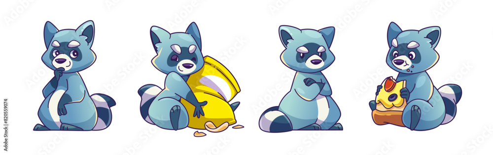 Obraz premium Cute racoon characters set isolated on white background. Vector cartoon illustration of animal mascot in different poses thinking, eating chips from package, sitting angry, chewing piece of pizza